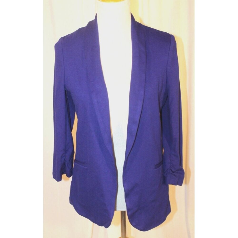 Necessary Objects MEDIUM Indigo Blue open front blazer ruched sleeves unlined